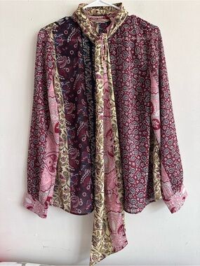 Soft Surroundings Paisley Panel Tie-Neck Shirt in Burgundy, Pink and Cream